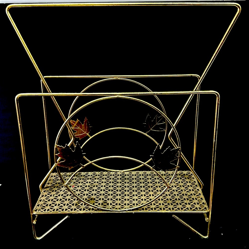 Mid Century Modern gold tone metal magazine/ record holder with maple leaves